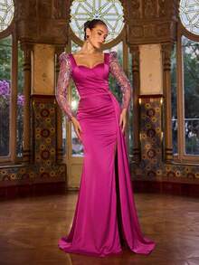 Faeriesty Rochie maxi elegantă pentru femei, cu mânecă lungă, guler inimă - Rochie asimetrică cu drapat lateral și crăpătură înaltă la tiv, material satinat cu mărgele strălucitoare și paiete, siluetă mulată, design la spate pătrat | Potrivită pentru petreceri de sărbători, Revelion, gale formale, nunți, ținute de vară pentru sărbători - Roz fierbinte - Vizualizare 4