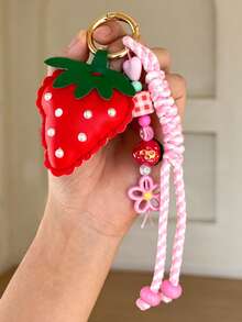 1件女士手工编织草莓心形皮革钥匙扣吊坠，粉色包包挂饰 - 彩色 - 查看 3