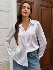 优雅翻领前扣长袖仿丝缎面女式衬衫 - 白色 - 查看 8