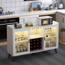 Mueble bar para vinos con luz LED, mueble para café con estante para vinos y copas, aparador de cocina con estantes de almacenamiento, mueble botellero independiente para salón o comedor - Blanco - Ver 6