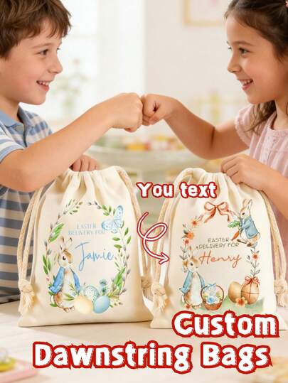 Personalized Cute Rabbit Canvas Tote Bag, Customizable Name, Canvas Material, Suitable For Travel, Easter, Birthday Gift, Easter Egg Party Favor, Custom Tote Bag, Custom Party Supplies, Back To School Gift, Mother's Day Gift