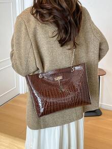 鳄鱼纹大容量手提包，女士大容量时尚链条单肩包，新款时尚腋下包，复古女士托特包 - 咖啡 - 查看 10