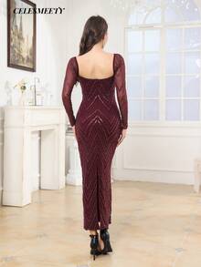 Elegant Lady Romantic Sexy Slim Fit Bodycon Women Burgundy Bridal Maxi Long Sleeve Wedding Dresses Sequin Evening Prom Dress For Party, Events - Burgundy - View 6