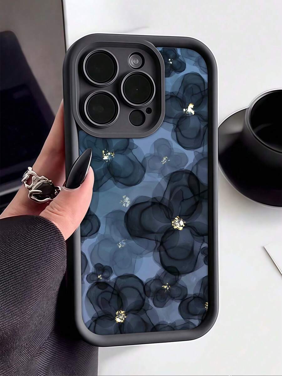 1pc Black Tie Dye Navy Floral Minimalist Full Coverage TPU Shockproof Phone Case Compatible With Apple 17, 16, 15, 14, 13, 12, 11 Pro Max, Air, And Series - Multicolor - View 1