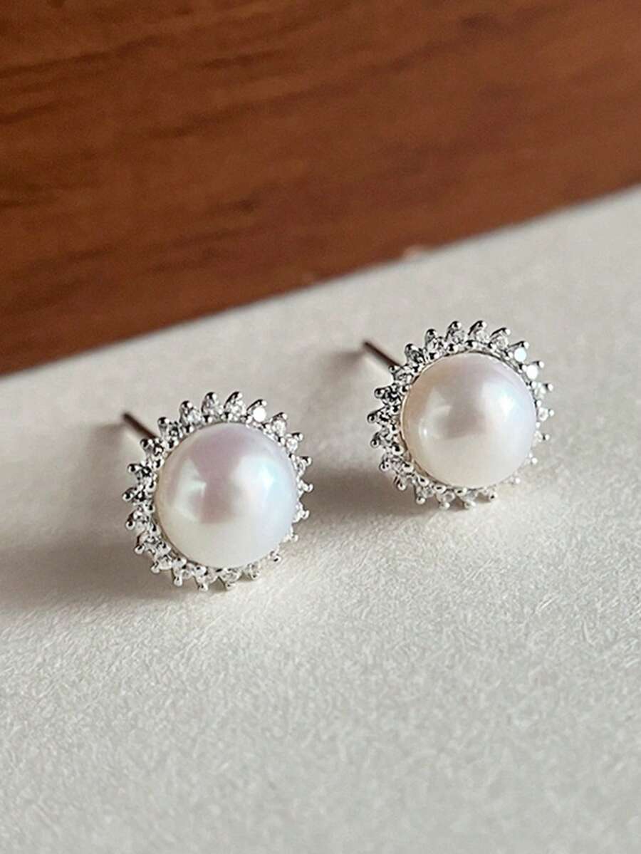 1对女士S925纯银天然珍珠镶嵌钻石耳钉，简约奢华优雅个性化耳环，适合日常佩戴，情人节礼物 - #1 - 查看 1