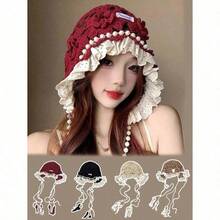 1pc Women's Handmade Crochet Hollow Out Beanie Hat, Lightweight Knitted Tassel Decor Cap, Fashion Headwear For Summer Sun Protection, Boho Style, Suitable For Mother And Daughter, Women Vacation, Halloween - 彩色 - 查看 9