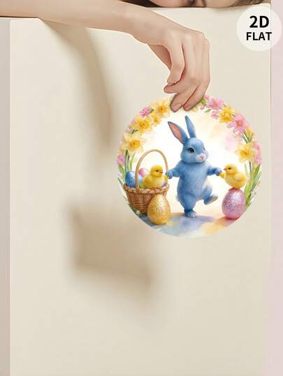 1pc Easter Theme, Blue Bunny, Chick, Glitter Painted Eggs, Daffodil/Pink Flower Wreath, Watercolor Style, Round Composition, Decorative Hanging Sign, 2D Flat Print, Wooden Decor. For Scene Decoration, Hanging Display, Restaurant, Bar, Storefront, Cafe