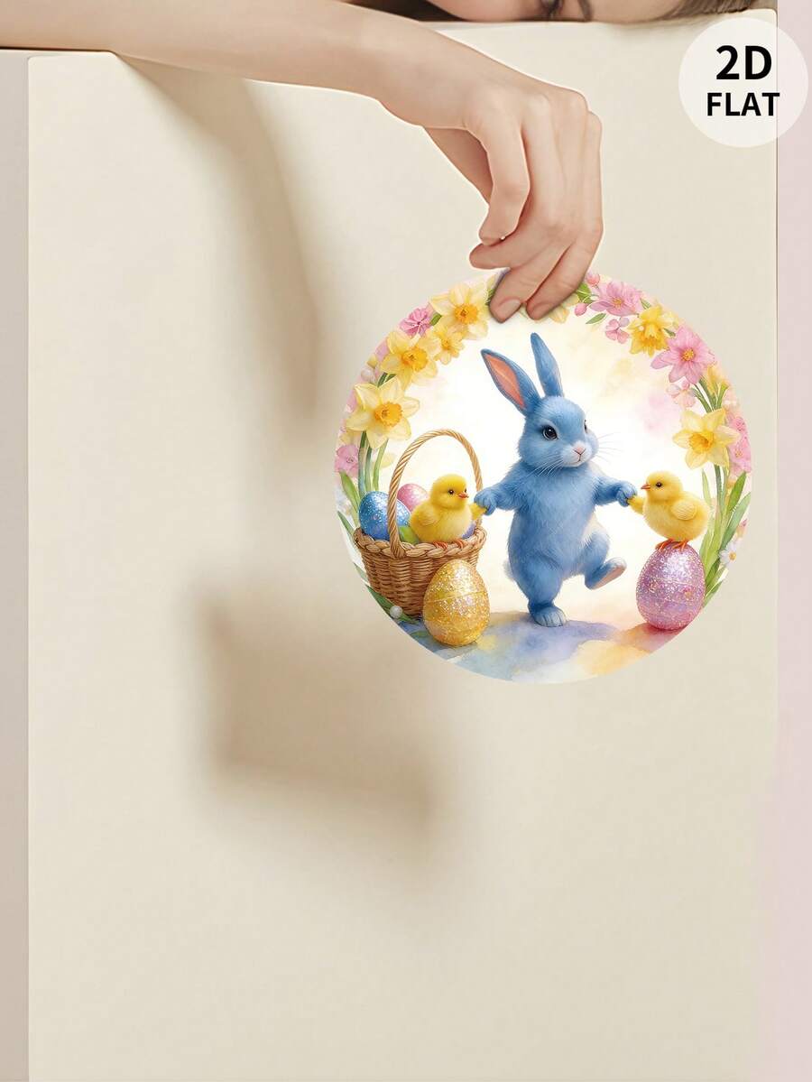 1pc Easter Theme, Blue Bunny, Chick, Glitter Painted Eggs, Daffodil/Pink Flower Wreath, Watercolor Style, Round Composition, Decorative Hanging Sign, 2D Flat Print, Wooden Decor. For Scene Decoration, Hanging Display, Restaurant, Bar, Storefront, Cafe - Multicolor - View 1