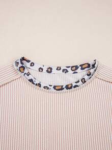 Acelitt Áo thun ngắn tay cổ tròn, màu trơn, phối họa tiết da báo, có cổ, kiểu dáng thường ngày, thích hợp mặc mùa hè. - Màu be - Xem 7