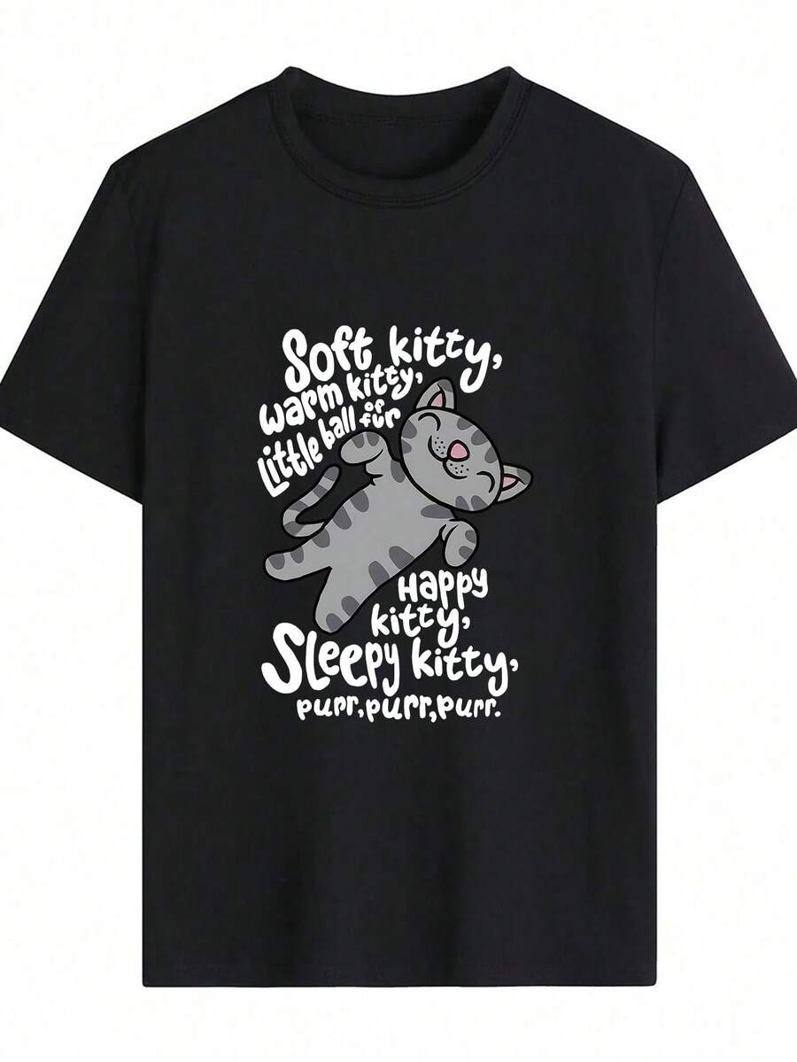 Plus-Size Printed T-Shirt, Black. The Front Features The Classic Nursery Rhyme, "Sweaty Little Kitten, Warm Little Kitten, Fluffy Little Ball. Happy Little Kitten, Sleepy Little Kitten, Purr Purr Purr," Paired With A Cute Gray Spotted Cartoon Cat. Casual And Comfortable Everyday - Black - View 1