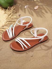 Women's Fashion Summer Brown Woven Holiday Birthday Party Gift Solid Color Casual Outdoor Flat Sandals - White - View 2