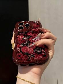 玫瑰图案新款奶油色波浪边软壳手机壳，适用于 17/17 Pro Max/ 16/ 16 Pro/ 16 Pro Max/ 15/XR/7 Pro/8 Pro/P12 Pro Max/P13 Pro Max/P14 Pro Max/P13/P14/P11/P12/P14，可爱时尚加厚保护套 - 彩色 - 查看 2