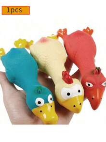 1个会发出吱吱声的小鸡宠物玩具，适合小型犬，互动弹性幼犬咀嚼玩具，清洁牙齿，宠物用品配件，乳胶狗玩具，幼犬吱吱叫玩具 - 彩色 - 查看 2