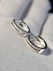 S925纯银极简立方氧化锆耳环，女士圆形耳环，精致珠宝，14K镀金，完美结婚礼物 - 銀色 - 查看 3