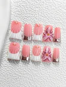 10件套优雅美甲套装，包含按压式棺材形美甲贴、杏仁形美甲贴、鸭嘴形美甲贴、法式美甲贴纸、手工花朵美甲装饰、贝壳纹理美甲贴纸、白色甲油胶、银色甲油胶以及工具套装（1张果冻贴+1把指甲锉）。适合女性在派对、节日等场合佩戴，是送给她的绝佳礼物。 - 彩色 - 查看 19