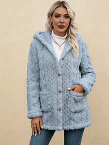 2026 New Women's Comfortable Faux Fur Winter Jacket, Valentine's Day Fashion Jacket Item, Front Button And Pocket Long Casual Style, Solid Color, Button Design, Suitable For Cold Weather, Winter Casual Wear | Button Jacket | Durable Jacket, Women's Winter Wear, Women's Jacket, Women's Winter Jacket, Women's Wool Jacket - 藍色*旗艦升級款 - 查看 4