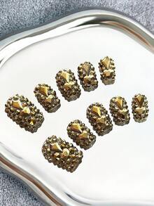 Y2K方形美甲，手工制作，透明甲片，金色水钻，闪亮全覆盖3D设计 - 全覆盖DIY闪光人造指甲，适用于派对、户外、海滩、日常、节日、聚会、工作和特殊场合 - 10片/包 - 金色 - 查看 1