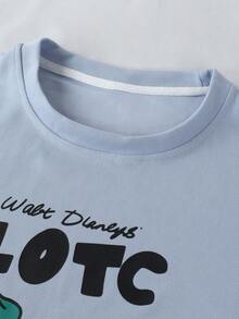 宽松圆领卫衣，超大款，可爱卡通印花，小熊、小狗和字母图案，休闲咖啡馆穿搭，春季必备 - 藍色 - 查看 7