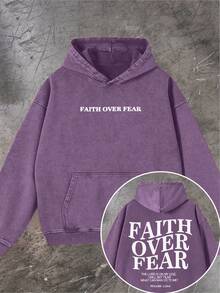 Men's Double-Sided Print Fashionable Autumn Washed Distressed Pocket Hoodie, Men's Vintage Washed Hooded Sweatshirt With Faith Over Fear Back Print - 紫色 - 查看 14