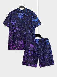 Two-Piece Men's Casual Party Set In Summer, Featuring A Purple Background And Fun Graphic Pattern, Made Of Knitted Fabric, Short-Sleeved Shirt And Beach Shorts. - 彩色 - 查看 5