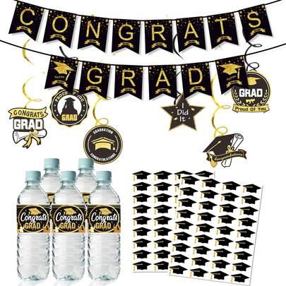 1个/6个/37个毕业横幅螺旋悬挂水贴纸瓶子装饰，用于装饰毕业派对场景