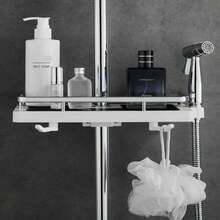 Estantería de Ducha sin taladros, Paquete de Estante de Almacenamiento multifunción para jabón, champú, Toalla con Hebilla y Gancho para Cabezal de Ducha para 2,1 a 2,5 cm de diámetro - Blanco - Ver 4