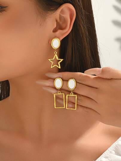 1对时尚五角星镂空贝壳设计不锈钢耳环，18K镀金独特个性化耳环