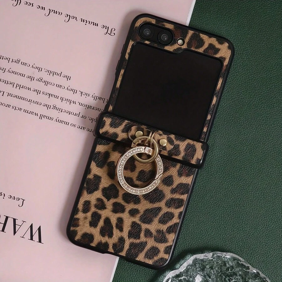 新款镶钻指环支架豹纹折叠手机壳，适用于三星 Galaxy Z Flip3 5G/Galaxy Z Flip 4 5G/Galaxy Z Flip 5 5G/Galaxy Z Flip 6 5G/Galaxy Z Flip 7 5G，时尚奢华折叠手机壳 - 彩色 - 查看 1