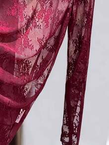 Women's Lace Turtleneck Undershirt, Fashionable Mesh Long Sleeve Top - Burgundy - View 4