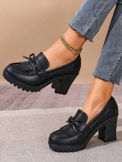 Women's New Leather Platform Loafers, Bow & Tassel Decor, British Style, College, Mary Jane Fashion Shoes, Elegant Retro Versatile Soft Sole Comfortable Slip-On Pumps