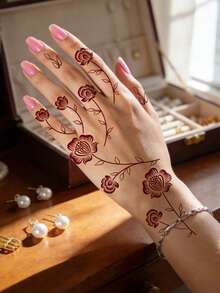 2 Tờ Hình Xăm Henna Hoa Màu Nâu Đỏ, Hình Xăm Tạm Thời Chống Thấm Nước Hình Hoa Màu Nâu Dành Cho Nữ Giới, Nghệ Thuật Vẽ Trên Cơ Thể, Mẫu Mehndi - màu nâu - Xem 4