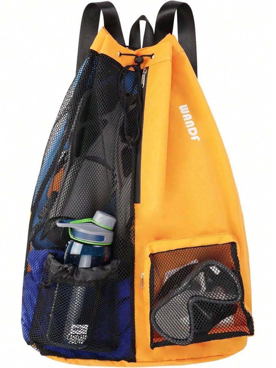 WANDF Swim Bag Mesh Drawstring Backpack With Wet Pocket Swimming, Gym, And Workout Gear - Orange - View 1