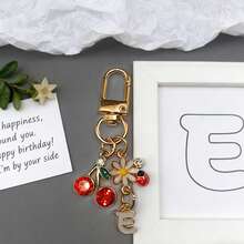 1pc Cute Floral Cherry Letter Keychain A-Z Alphabet Charm, Red Cherry, Flower Shape, Bag Pendant - Gold - View 4