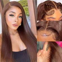 34英寸 200%密度 13x4蕾丝前额假发 #4棕色直发混纺真人发假发 预先拔毛 13x4高清透明蕾丝前额假发 女士款 - 棕色 - 查看 7