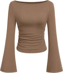 Womens Long Sleeve Shirts 2026 Spring Crop Going Out Tops Casual Boat Neck Sleeve Ribbed Ruched Y2K Clothes - Light Brown - View 10