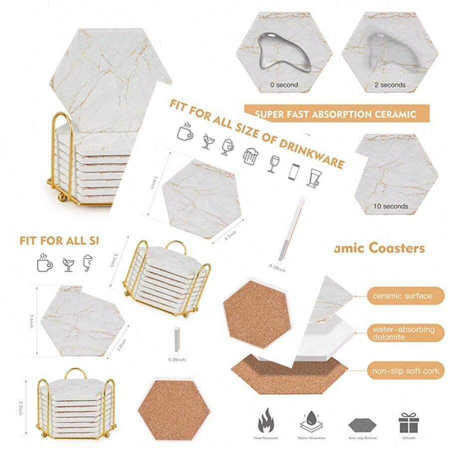 hygJuego de 8 Posavasos para Bebidas con Soporte Posavasos de marmol absorbentes ceramica Blanca y Dorada para Mesa de Centro Regalo de inauguracion de la casa proteccion de Mesajuh - Dorado - Ver 1