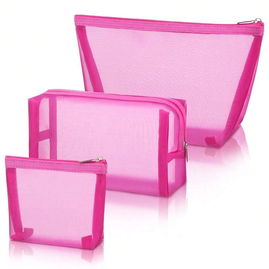 3 Piece Mesh Cosmetic Bag Mesh Makeup Bag With Zipper Pouch Travel Toiletry For Makeup Organizer Home Office Travel Accessories(Rose Red) - 玫瑰紅色 - 查看 1