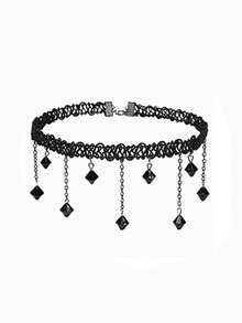 2件套哥特风黑色蕾丝颈链，带吊坠和流苏，女士款