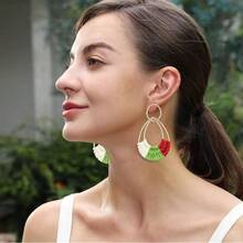 Raffia Hoop Earrings For Women Fun Boho Summer Beach Earrings Lightweight Handmade Straw Wicker Rattan Dangle Earrings Statement Geometric Round Drop Earrings - 聖誕淚滴 - 查看 6