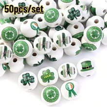 4Amazonia 50pcs/Set St. Patrick's Day Wooden Beads, Green Wooden Spacer Beads, Rustic Polished Round Beads, DIY Crafts, Wreath, Party Decorations