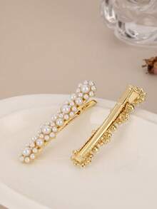 1 Pair Floral Pearl Hair Clips, Shiny Zinc Alloy Side Bangs, Duck Clip, Hairpin For Hair Decoration, Head Accessories, Hair Accessories For Women, Claw Clips, Hair Slide, Hair Barrettes - Multicolor - View 5