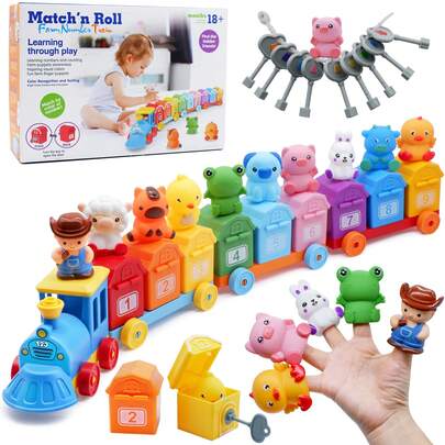 1-4 Years Old Toddler Farm Animal Train Toy, Montessori Counting & Matching Learning Toy, Includes 1 Farmer & 9 Animals, Barn, Key, Fine Motor Skills Game, Birthday Gift For Boys & Girls