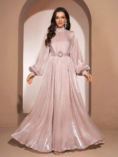 YISIKADO Women's Elegant Ball Gown, High Neck Ruffle Lantern Sleeve High Waist Tie Waist Wedding Guest Party Formal Evening Prom Graduation Ceremony Celebration Concert Red Carpet Dress