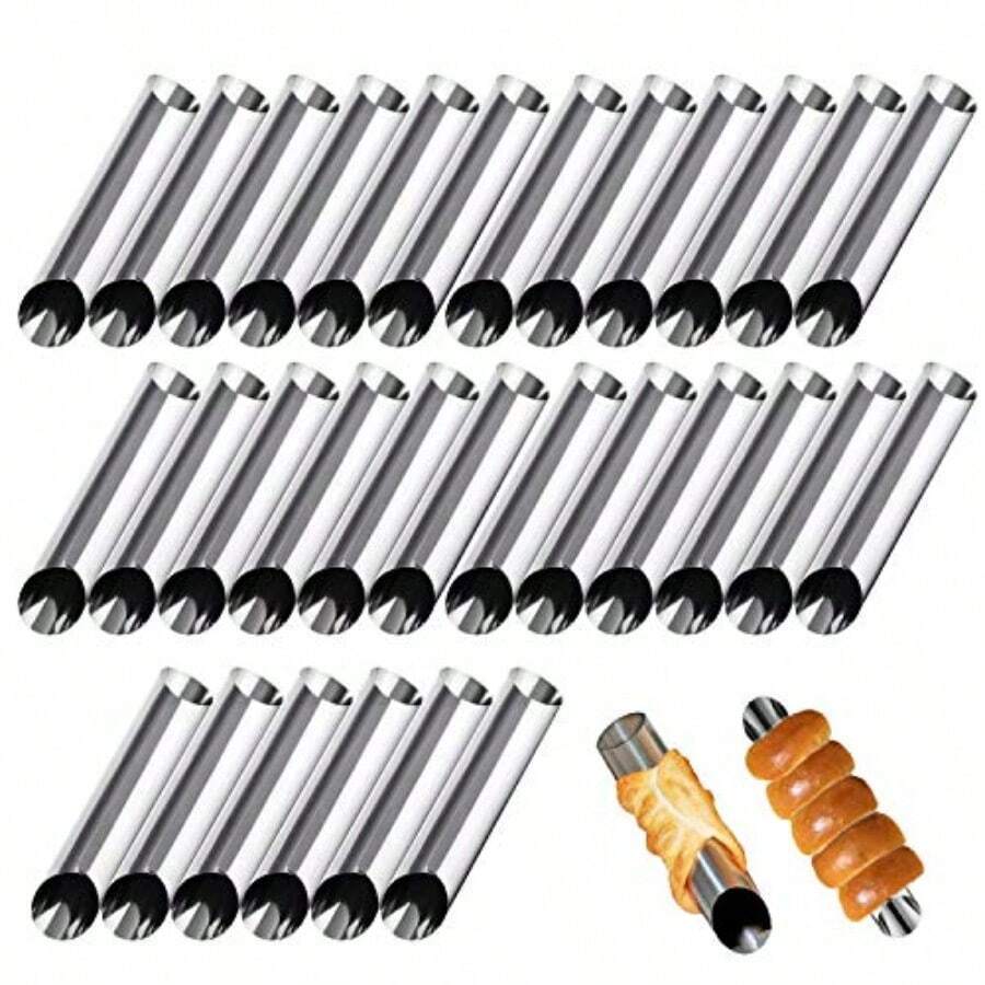 Screw Croissant Molds 30 PCS Non-Stick Stainless Steel Waffle Cone Roll Pastry Cream Horn Forms Pancake Making Tool Cannoli Tubes DIY Spiral Cake For Traditional Dessert Bread Baking 5 INCH