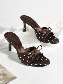 Casual Rhinestone Flower Party Banquet Sexy Coffee Faux Silk Round Toe Open Toe Polka Dot Bow Stiletto High Heel Sandals - Coffee Brown - View 1