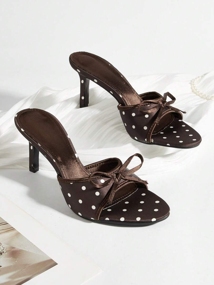 Casual Rhinestone Flower Party Banquet Sexy Coffee Faux Silk Round Toe Open Toe Polka Dot Bow Stiletto High Heel Sandals - Coffee Brown - View 1