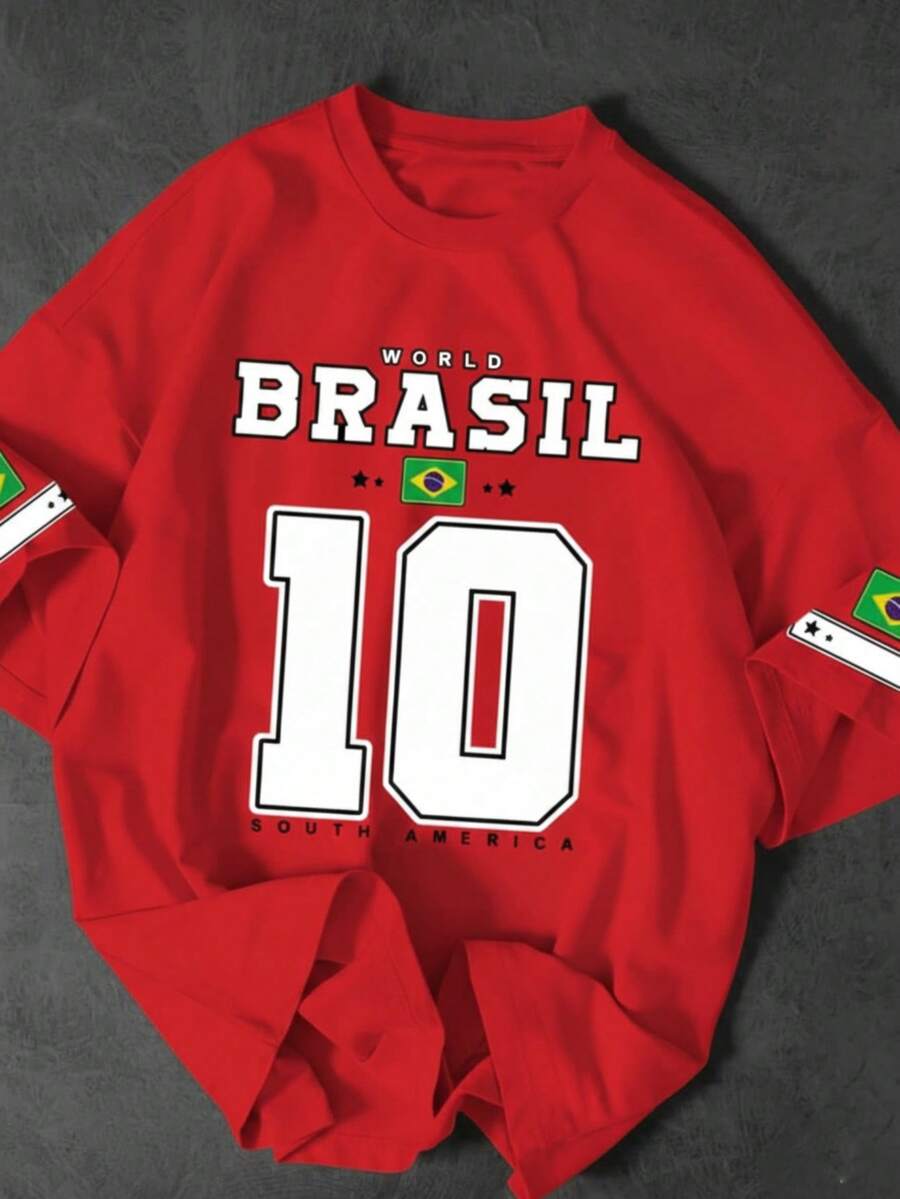 Men's Casual T-Shirt With "BRAZIL" Print And Number 10, Premium Cotton, World Cup Fan Edition, Brazilian Football Fashion - 紅色 - 查看 1