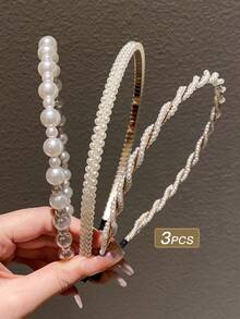Bộ 3 băng đô cài tóc giả ngọc trai thanh lịch dành cho nữ, phụ kiện tóc, phụ kiện đội đầu. - Màu be - Xem 7