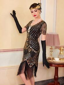 1920s Style Women's Dress, Fringe Sequin Cocktail Gown With Pearl Embellished Sheer Sleeves - Gold - View 7