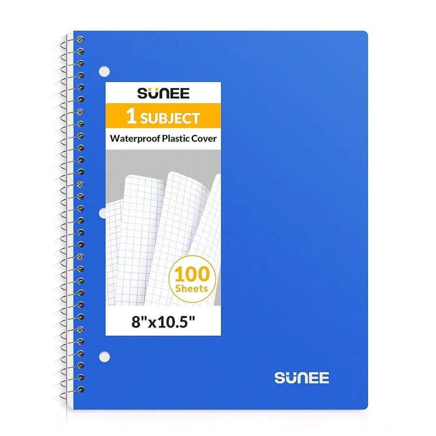 Cuaderno espiral, 1 materia, papel cuadriculado, 8" X 10-1/2", 100 hojas por cuaderno, papel perforado de 3 agujeros, cubierta resistente al agua, cuadernos de espiral cuadriculados para trabajo, hogar, escuela, escritura, azul - Azul - Ver 1